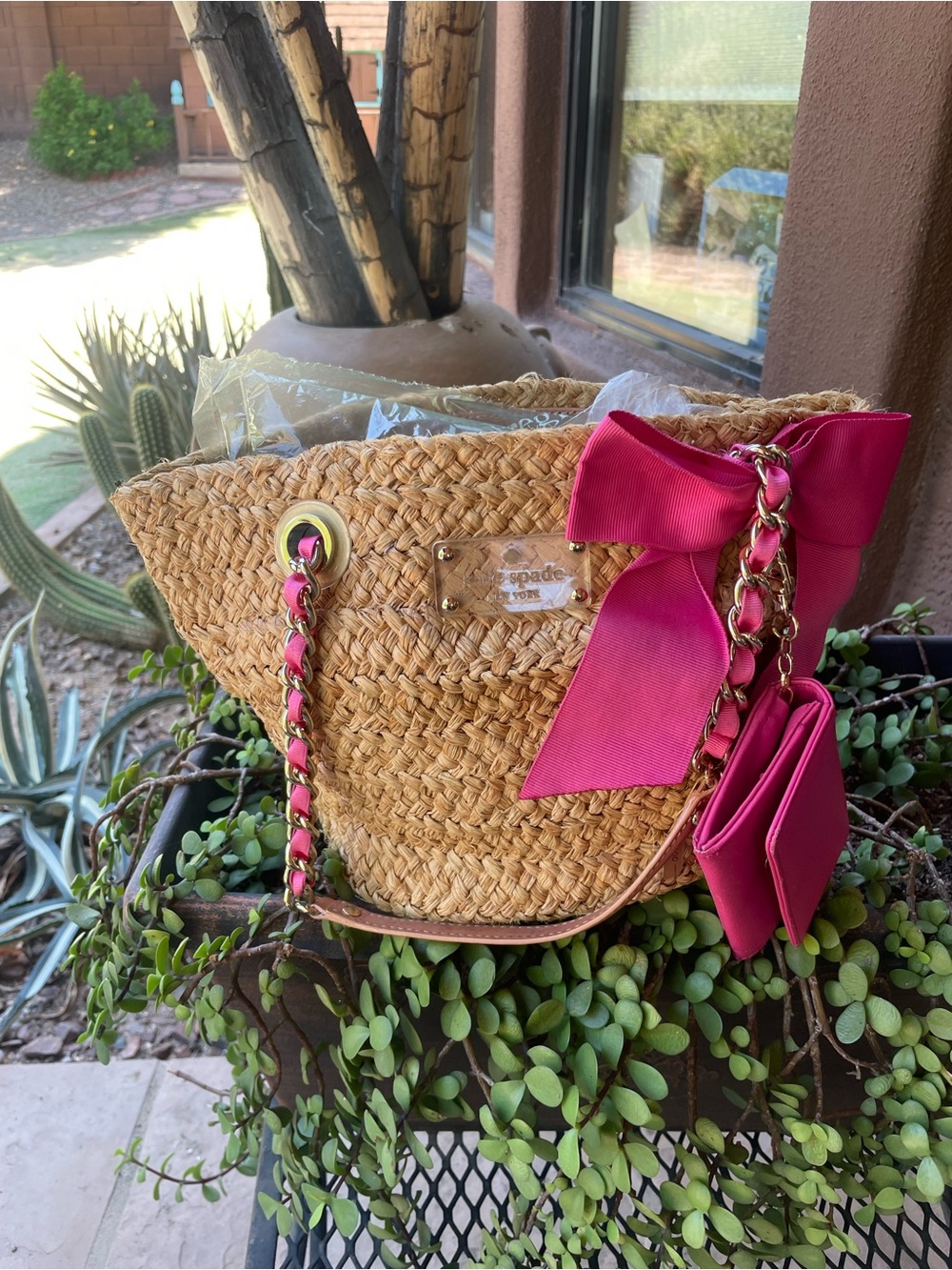 kate spade Natural Straw Tote with Hot Pink Bow and Chain Strap